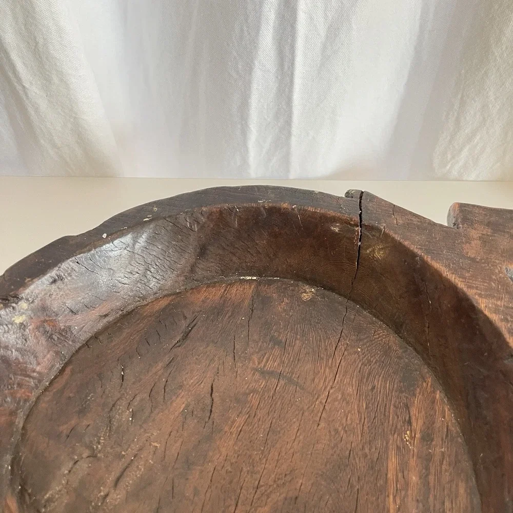 Vtg Wood Dough Bowl Rustic Hand Carved Primitive Wooden Handled Trough Knead 17